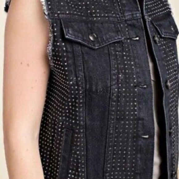 VOCAL USA BLUE Cotton Crystal Studded Raw Edge Button Down Denim Vest NWOT SZ L - Picture 7 of 17